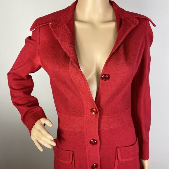 Vtg 60s 70s Knit Wool Dress Sz M Full Front Button Up Pockets Red - Picture 2 of 14